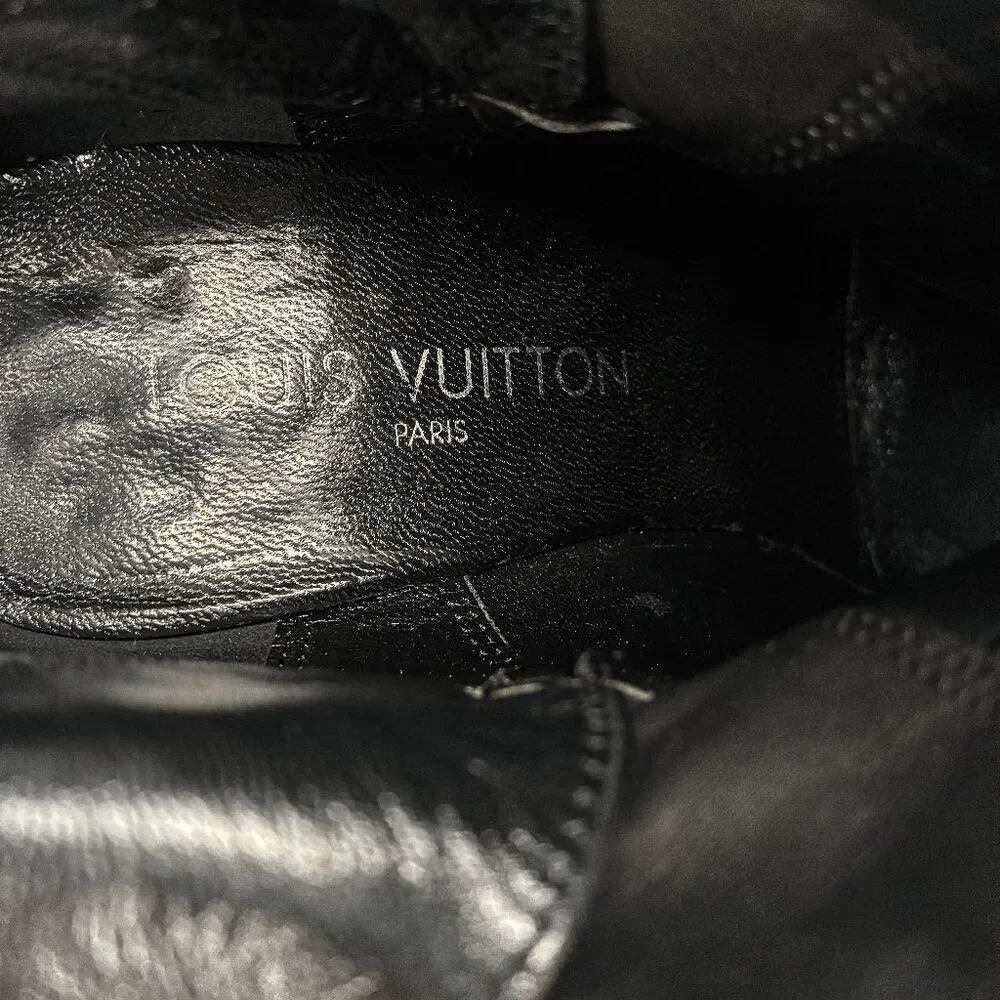Louis Vuitton Monogram Logo Canvas + Leather Heeled Buckle Booties Black EU 36.5